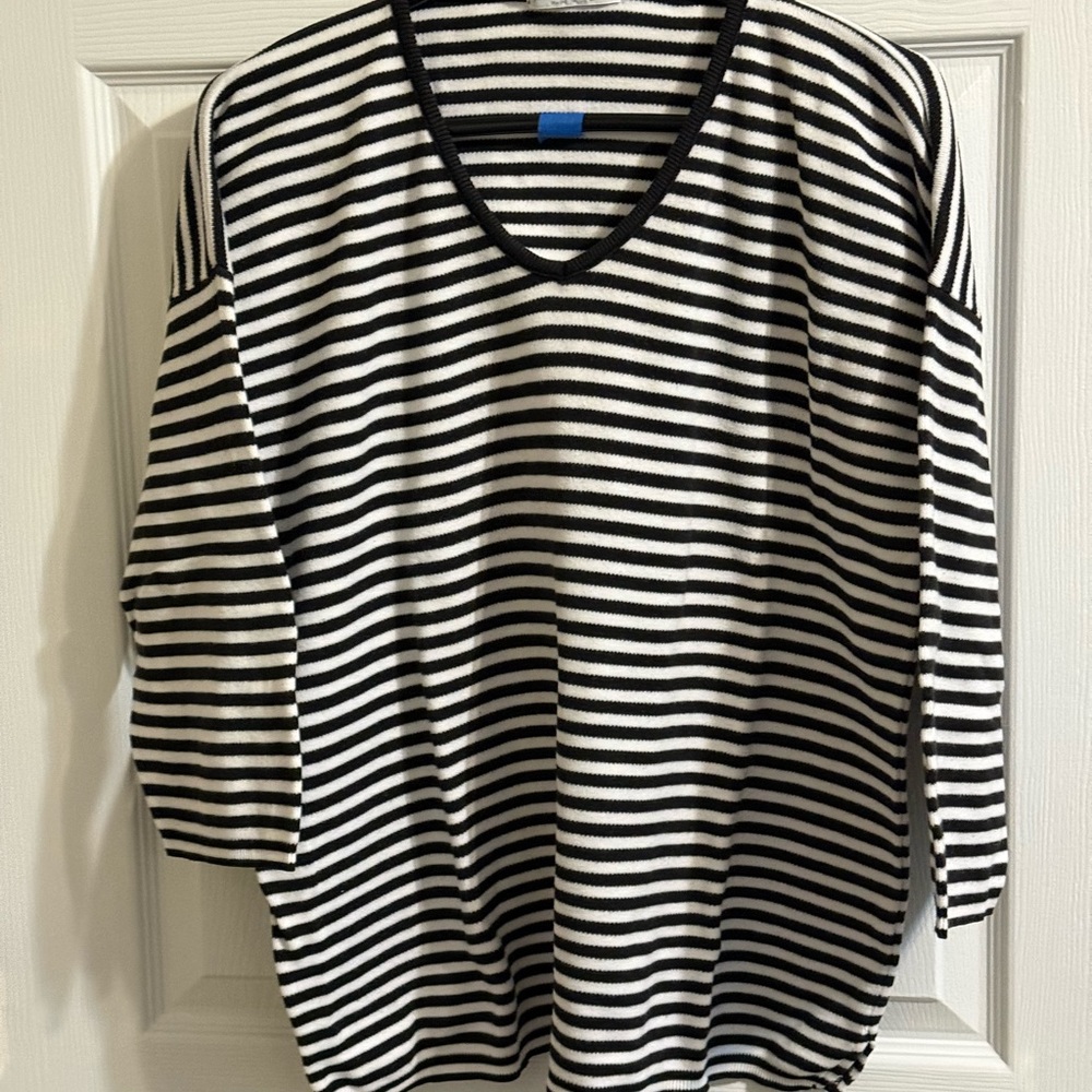 Joan Vass Boxy Black and White Striped V-Neck 100% cotton Sweater